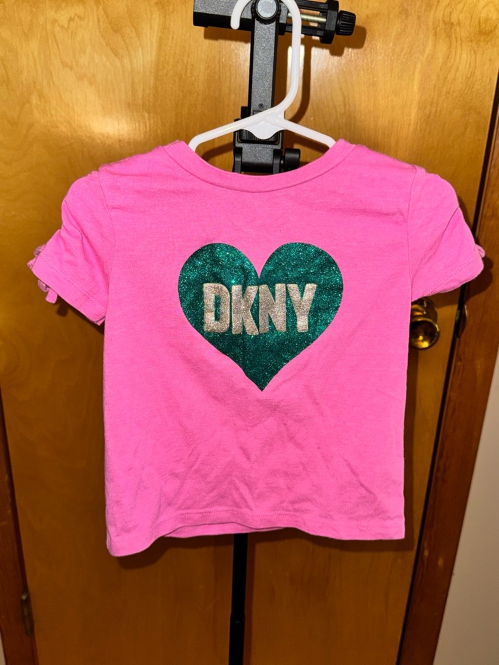 DKNY Hot Pink Tee with Green Glitter Heart Logo